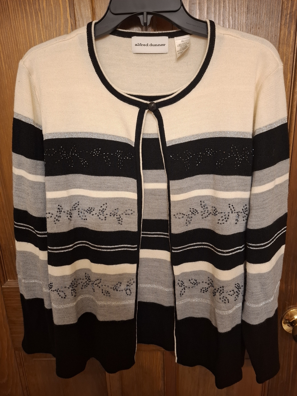 Alfred Dunner Cream, Black & Gray Striped Women's Cardigan